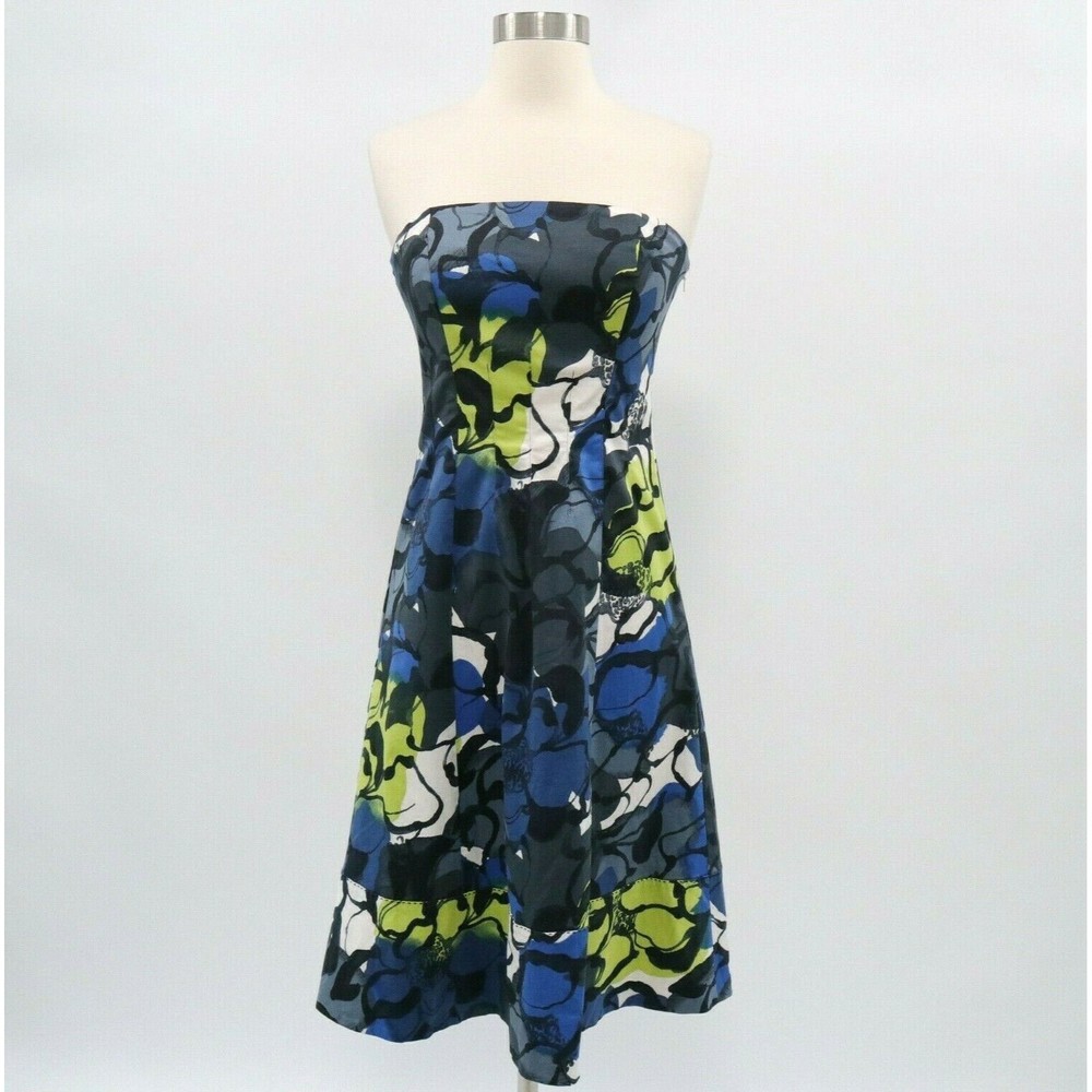 Coast Midi Dress A-Line Strapless Floral Gray Blue Green Cotton Womens US 2-4